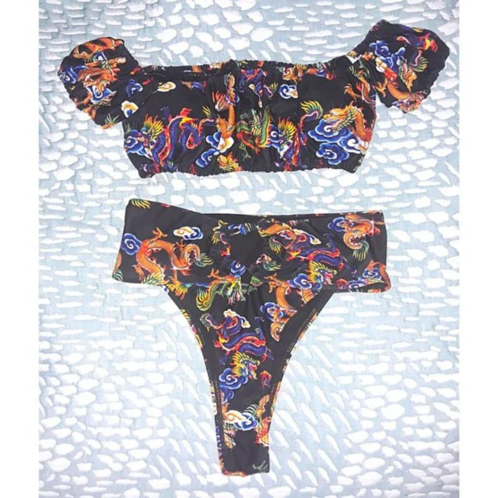 NWOT SHEIN Black Dragon Print Off-Shoulder Ring Detail High Waisted Bikini Set - Picture 8 of 13